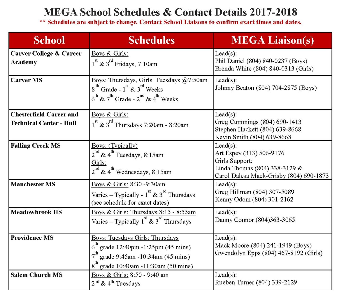 MEGA School Schedules and Contacts for Newsletter